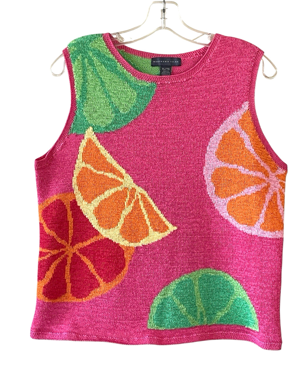 NORTHERN ISLES Size XL Candy Pink Fruit Slices VTG Pullover Sleeveless Knit Top